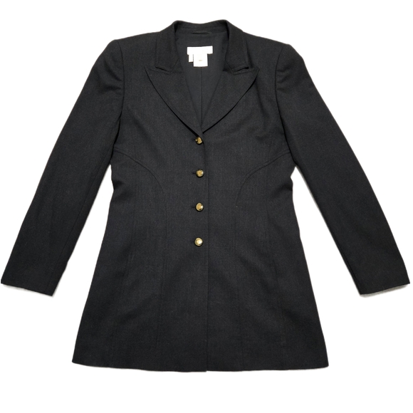Escada Jackets & Blazers - Escada Margaretha Ley Charcoal Grey Wool Blend Blazer Jacket Gold Buttons Sz 38